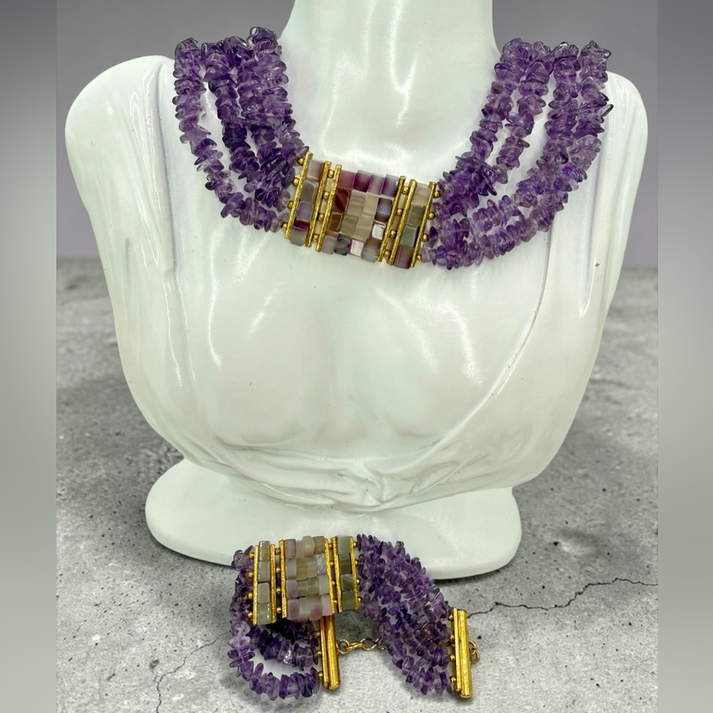 Amethyst Multi Strand Choker Necklace & Bracelet Set Mosaic Agate 161g Stunning - Picture 6 of 17